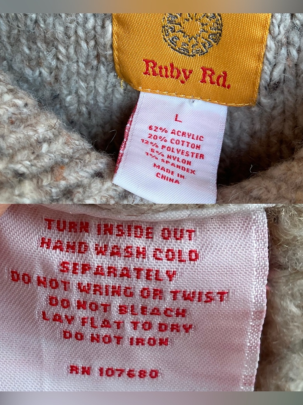 Ruby Rd  L Boho Poncho Cardigan Oatmeal Fringe Toggle Lagenlook Sweater VINTAGE - Picture 14 of 14